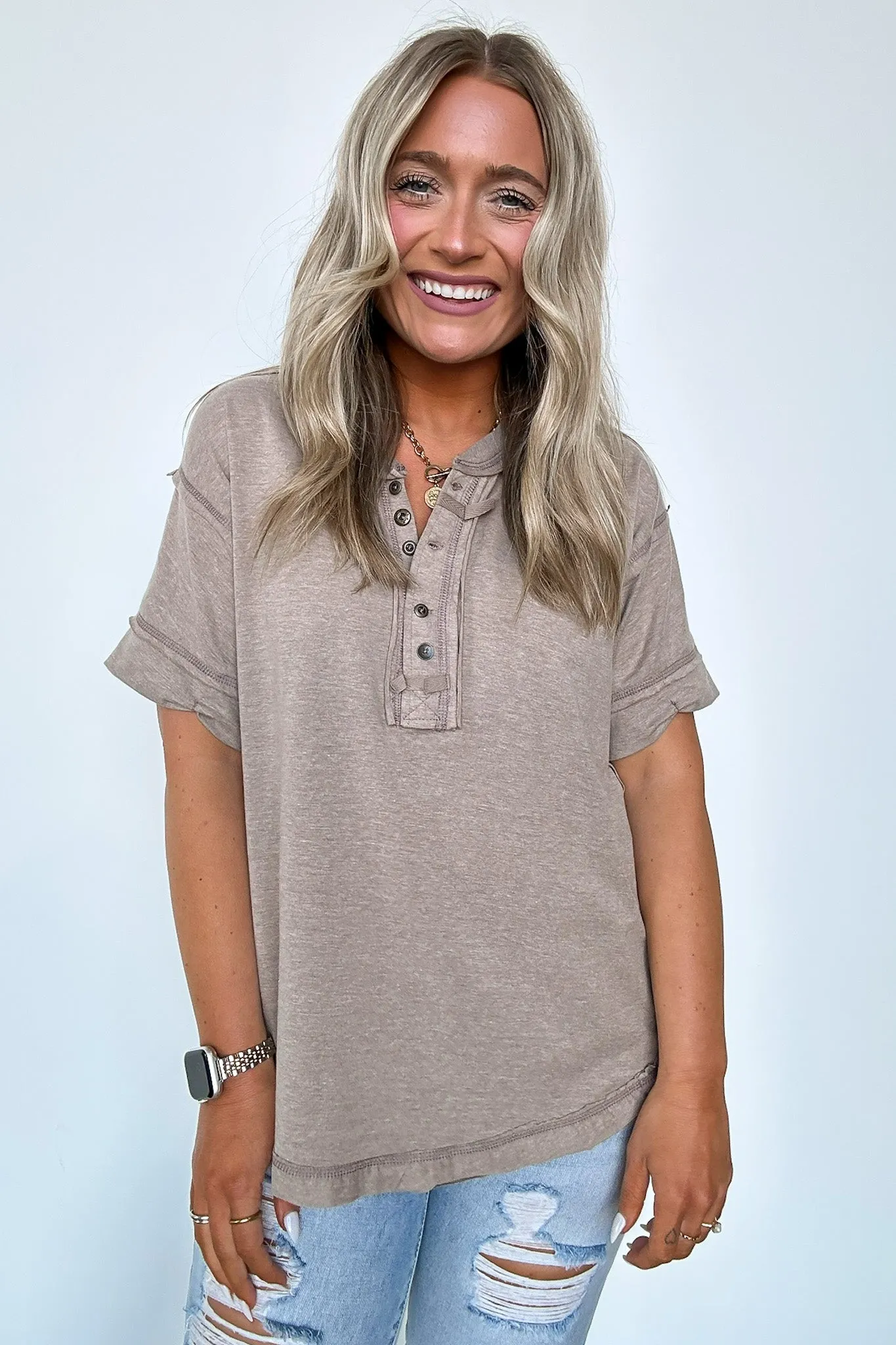 Taryyn Raw Edge Button Henley Top - BACK IN STOCK