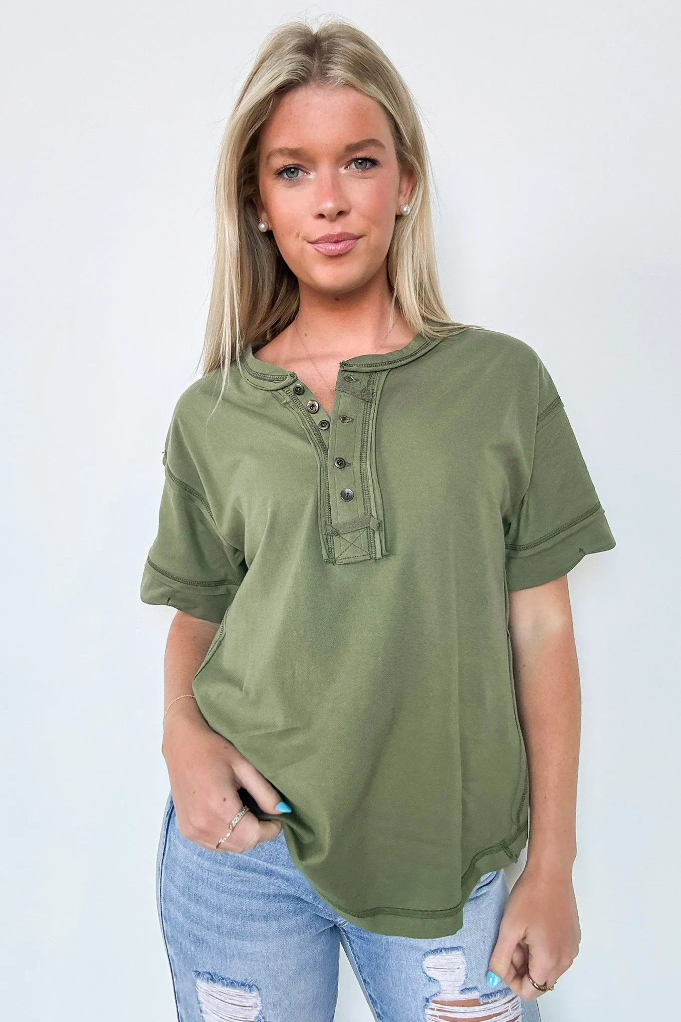 Taryyn Raw Edge Button Henley Top - BACK IN STOCK