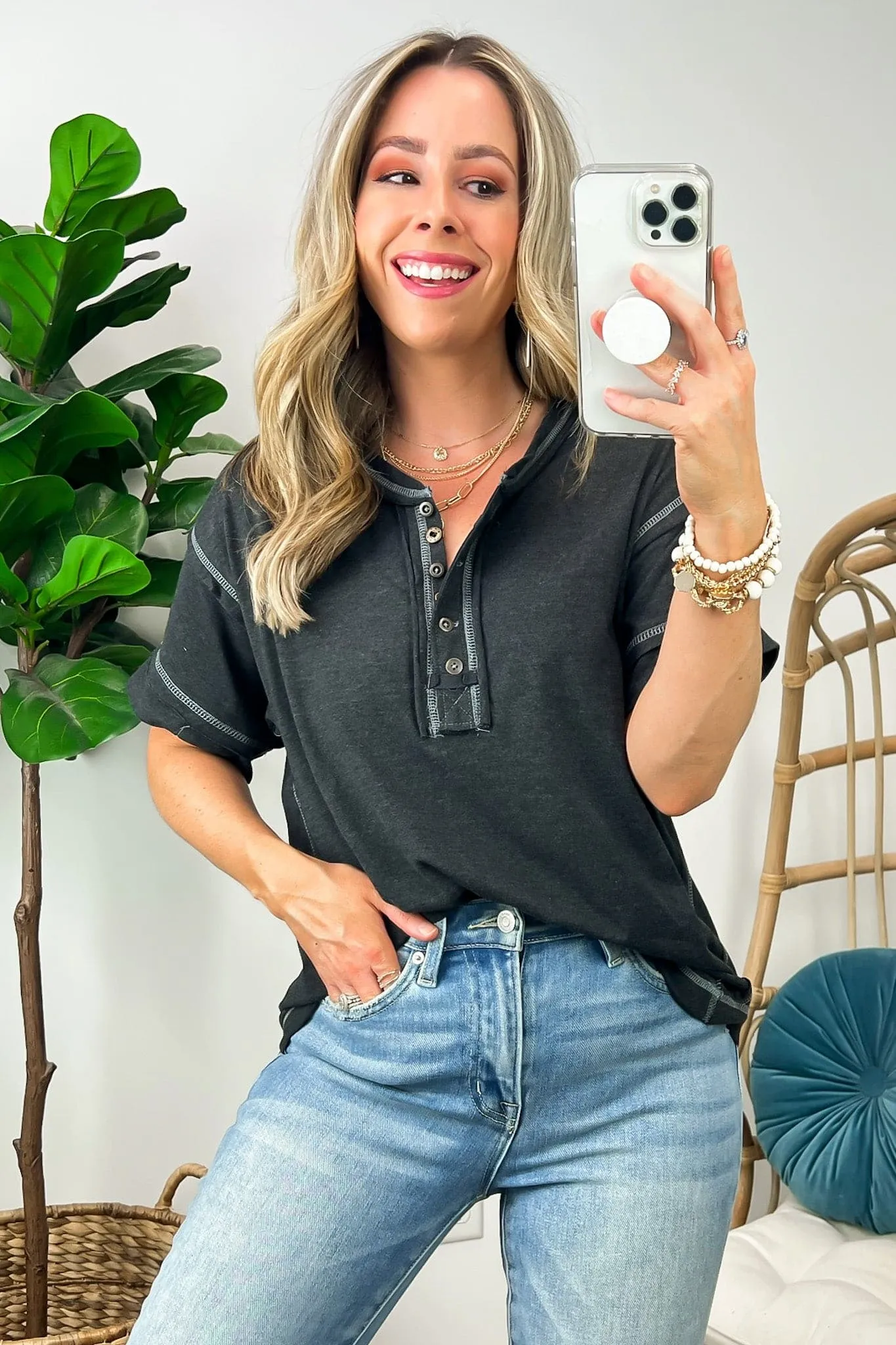 Taryyn Raw Edge Button Henley Top - BACK IN STOCK