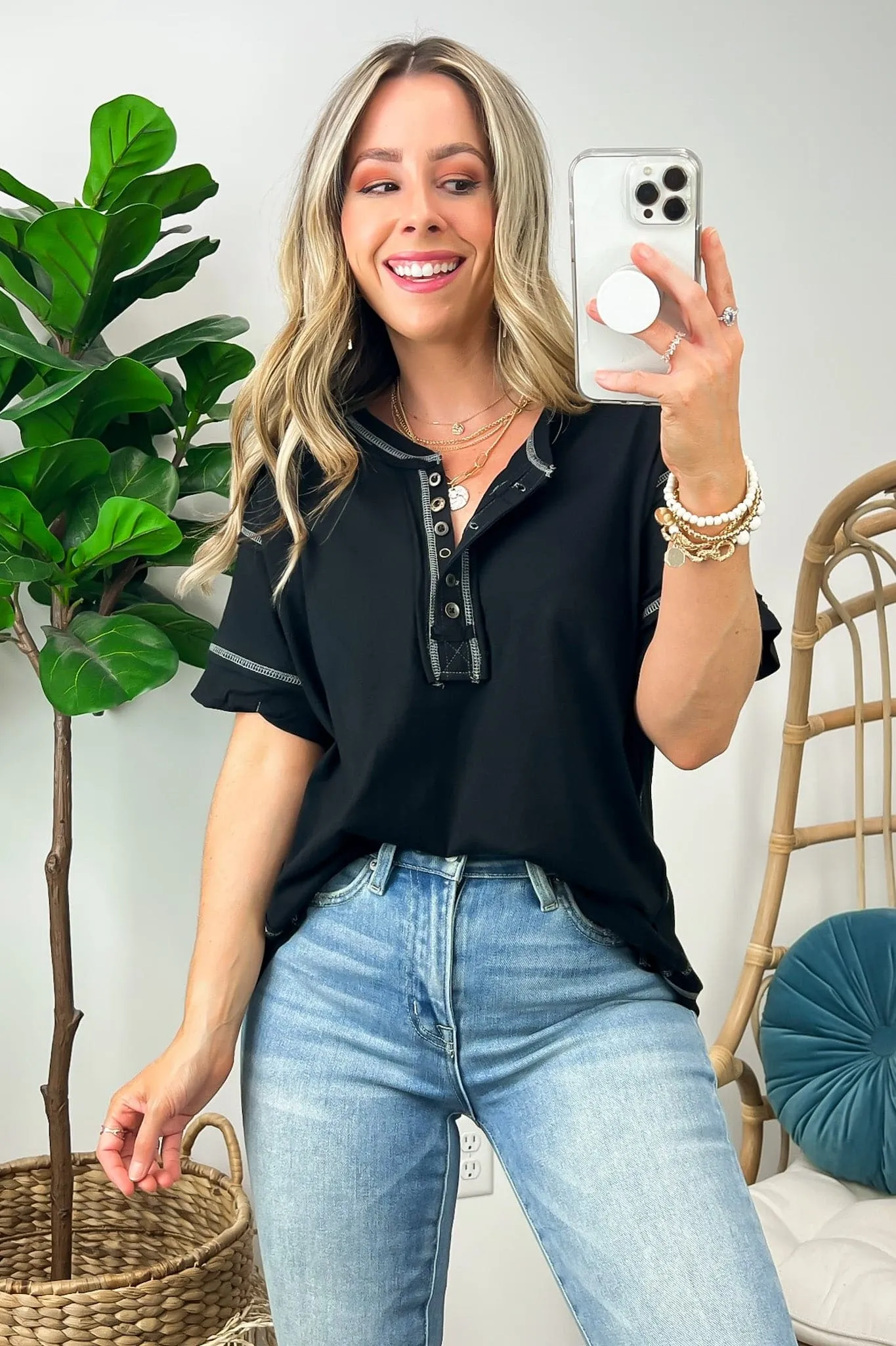 Taryyn Raw Edge Button Henley Top - BACK IN STOCK