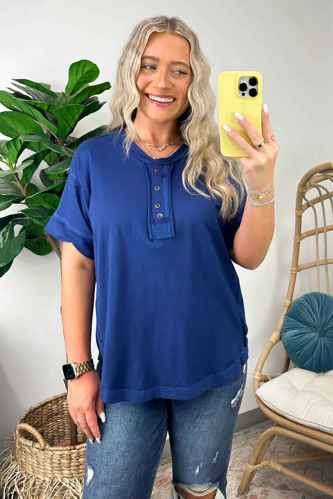 Taryyn Raw Edge Button Henley Top - BACK IN STOCK