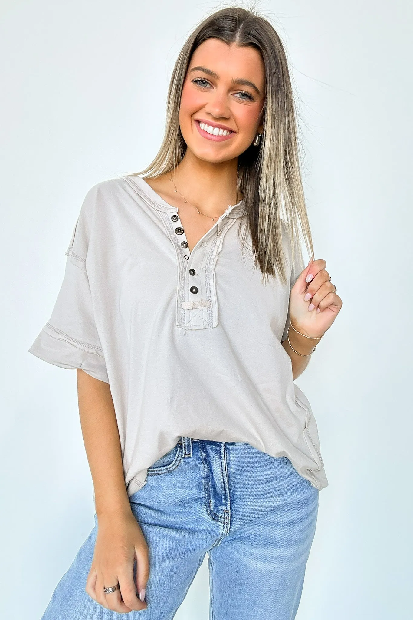 Taryyn Raw Edge Button Henley Top - BACK IN STOCK