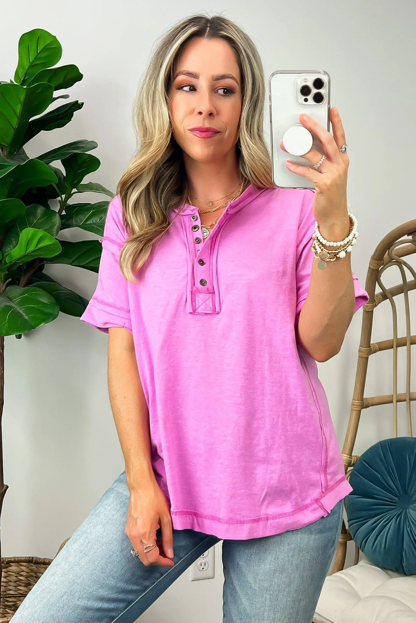 Taryyn Raw Edge Button Henley Top - BACK IN STOCK