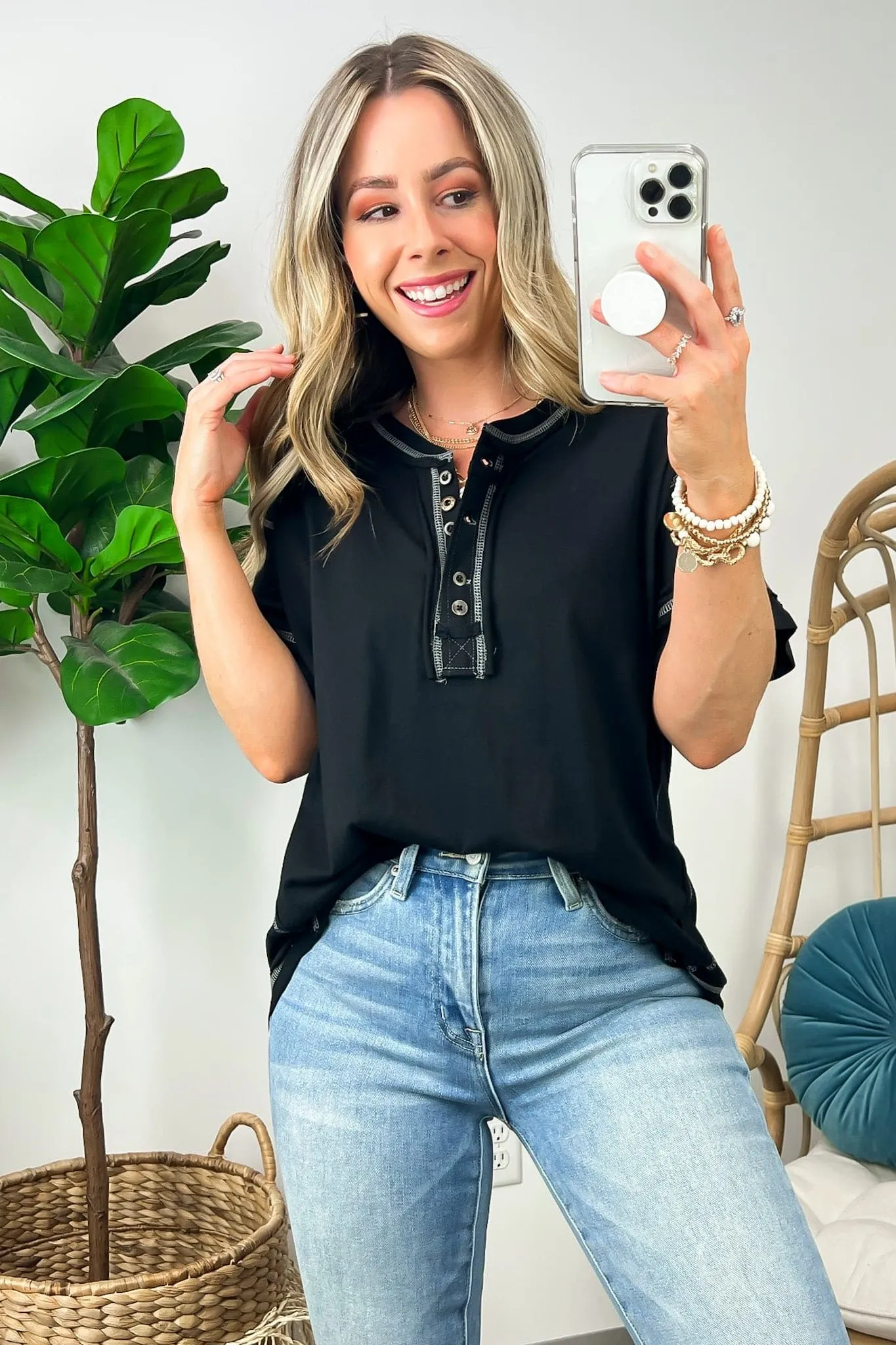 Taryyn Raw Edge Button Henley Top - BACK IN STOCK
