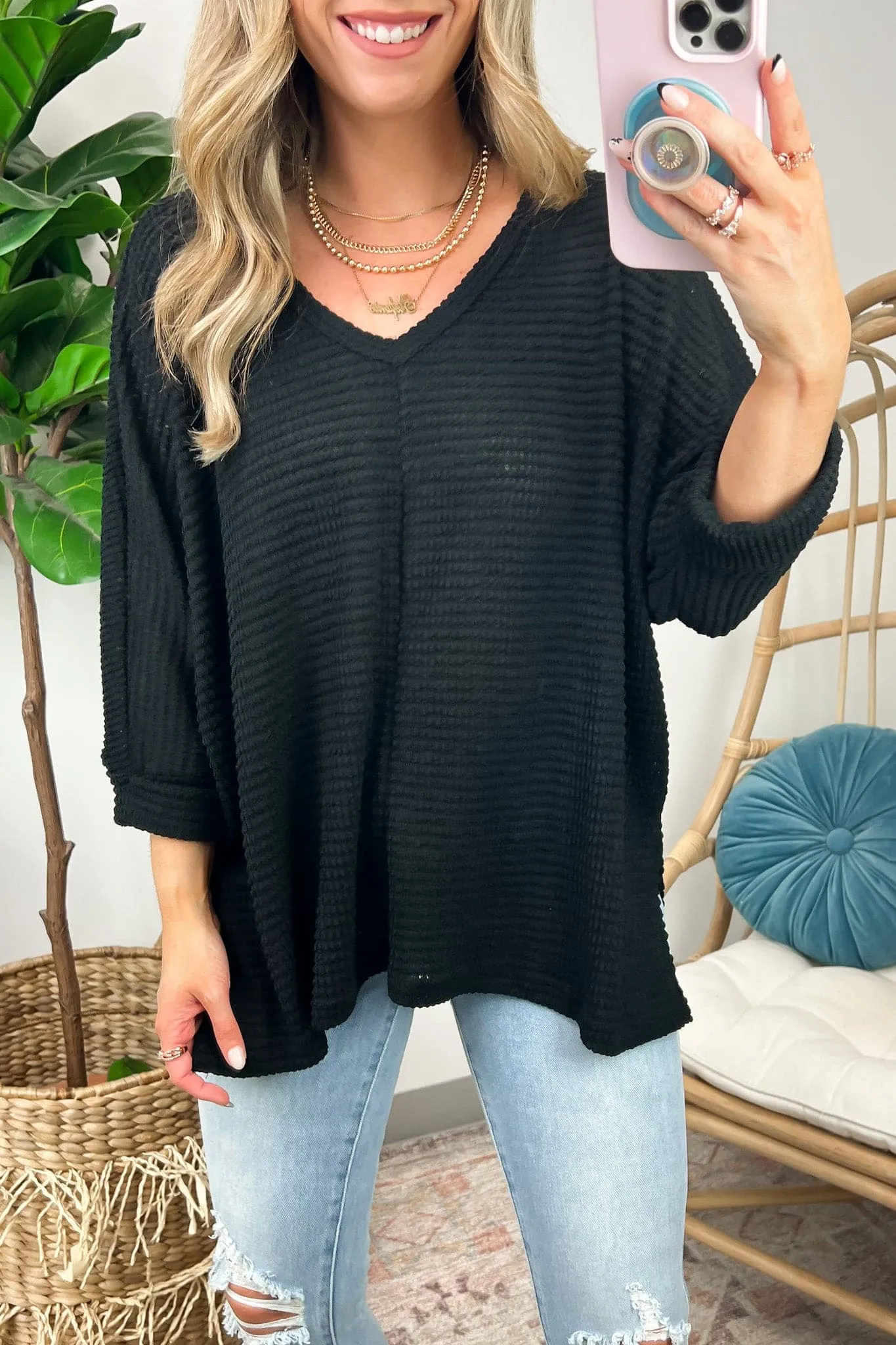 Tetrah V-Neck Waffle Knit Top - BACK IN STOCK