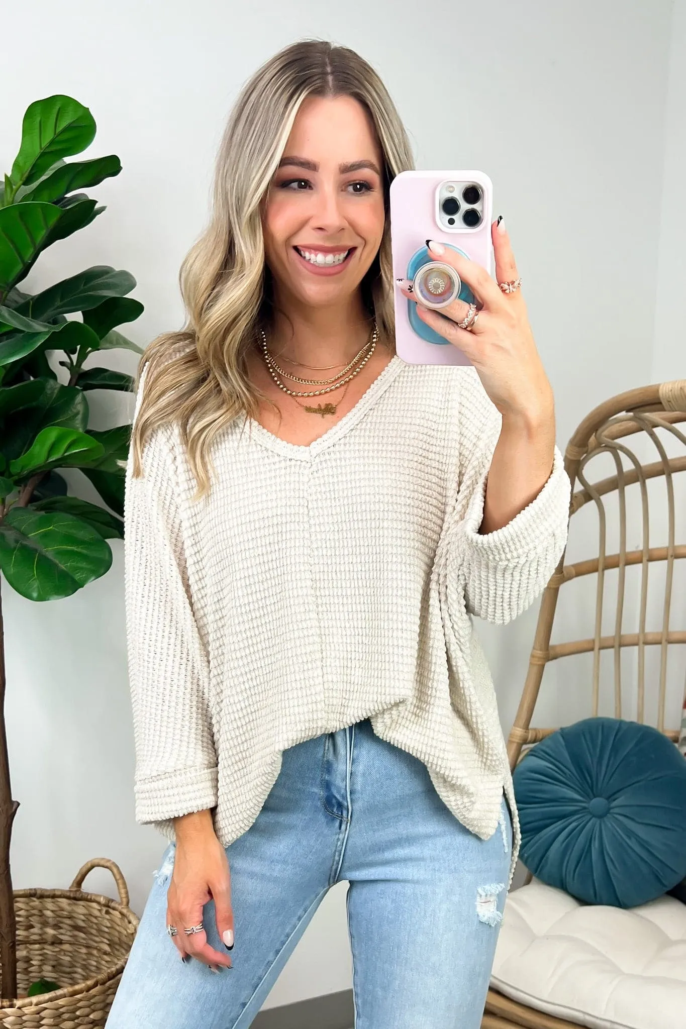 Tetrah V-Neck Waffle Knit Top - BACK IN STOCK