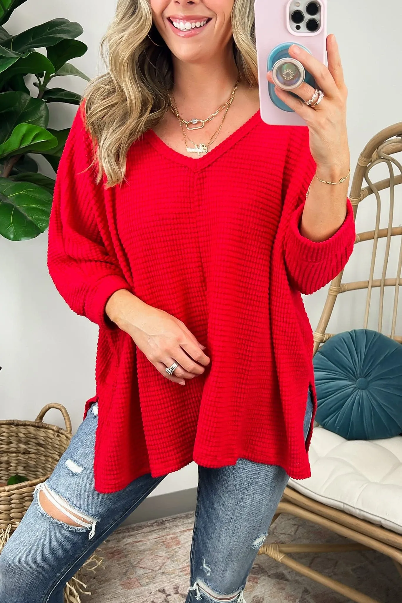 Tetrah V-Neck Waffle Knit Top - BACK IN STOCK