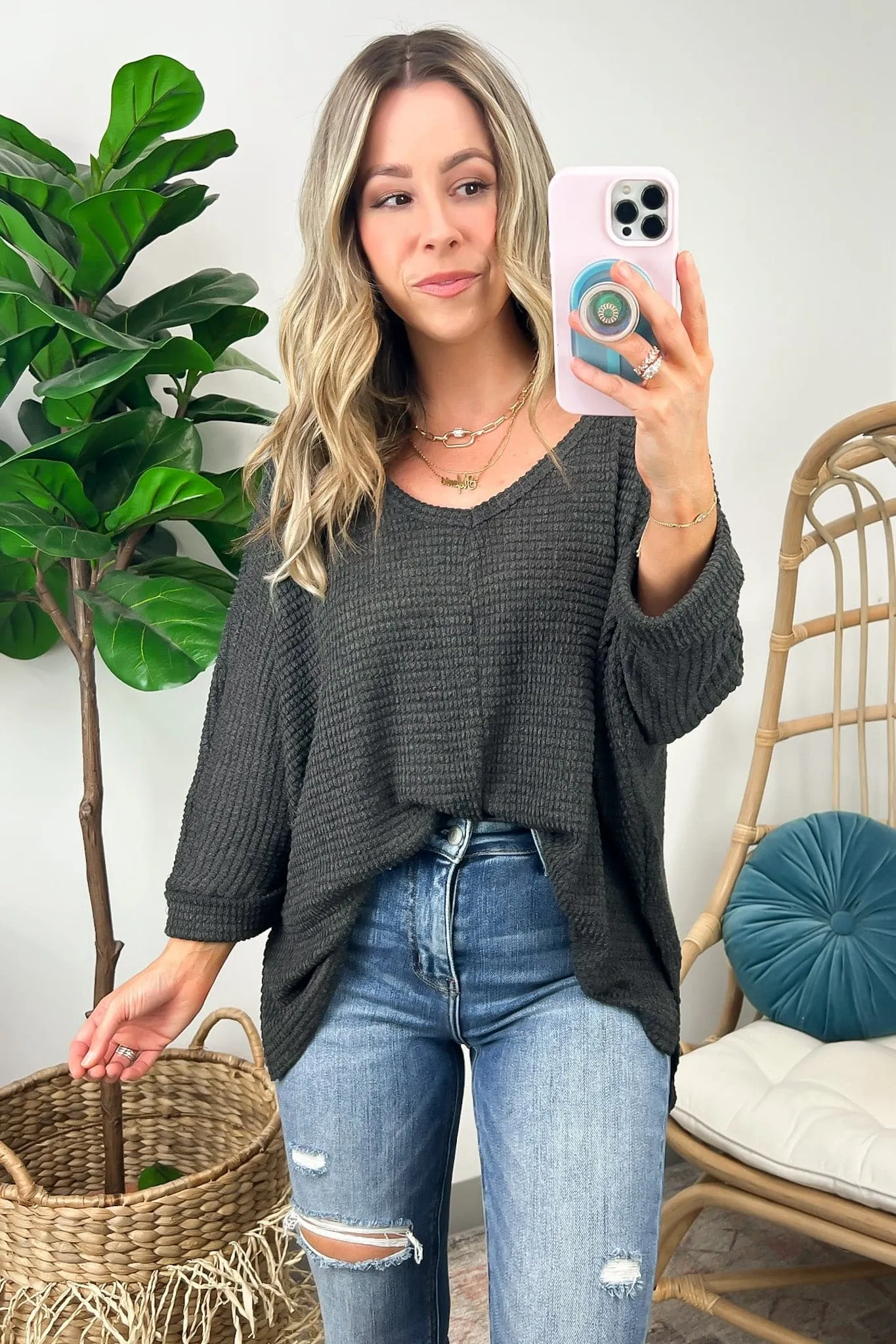 Tetrah V-Neck Waffle Knit Top - BACK IN STOCK