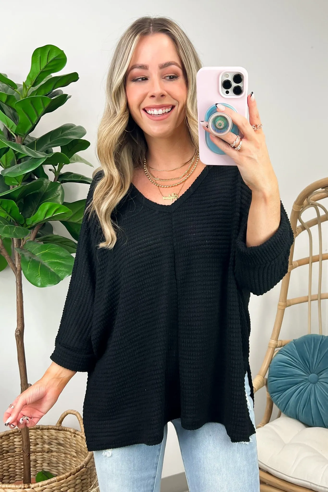 Tetrah V-Neck Waffle Knit Top - BACK IN STOCK