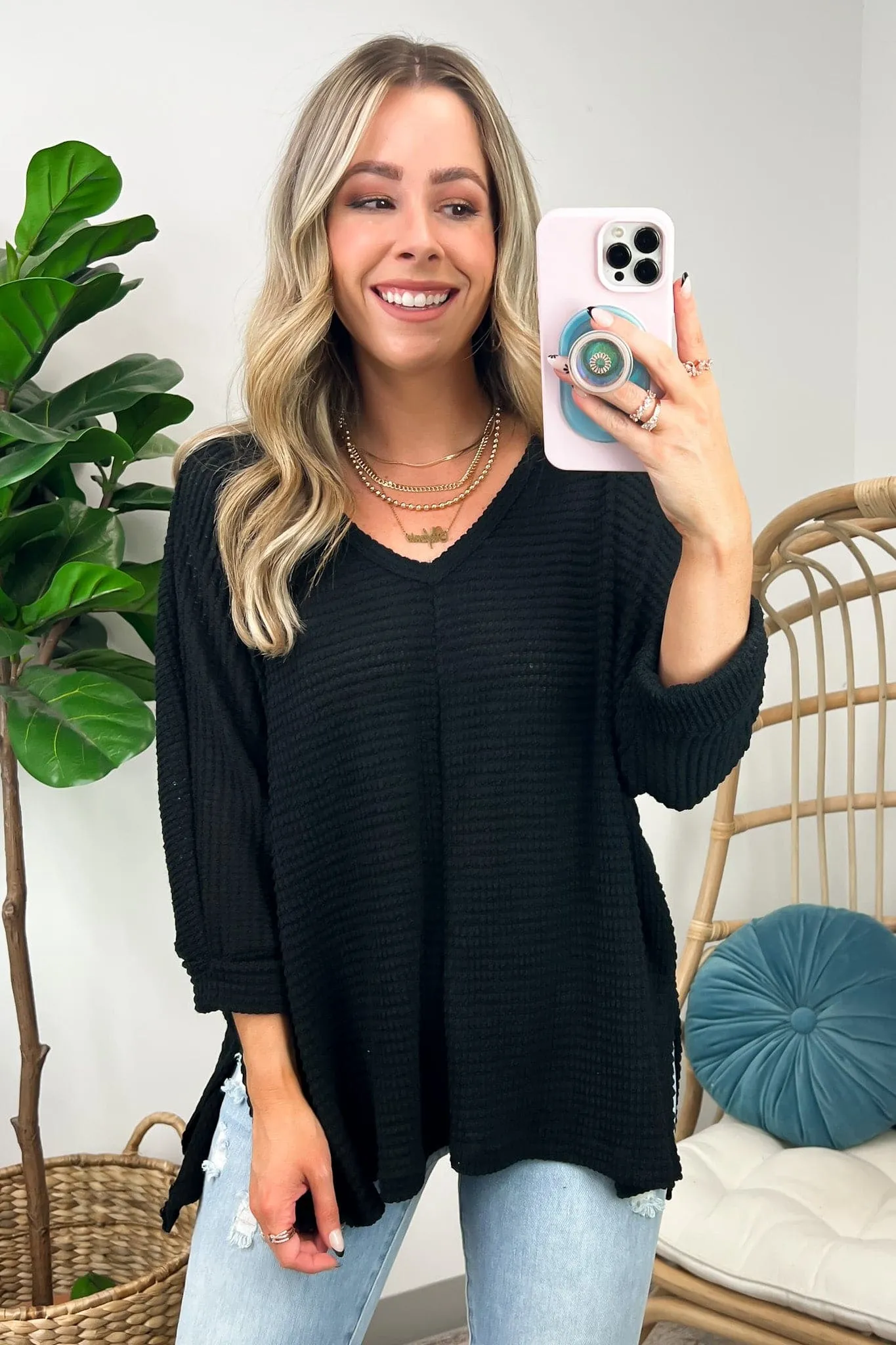 Tetrah V-Neck Waffle Knit Top - BACK IN STOCK