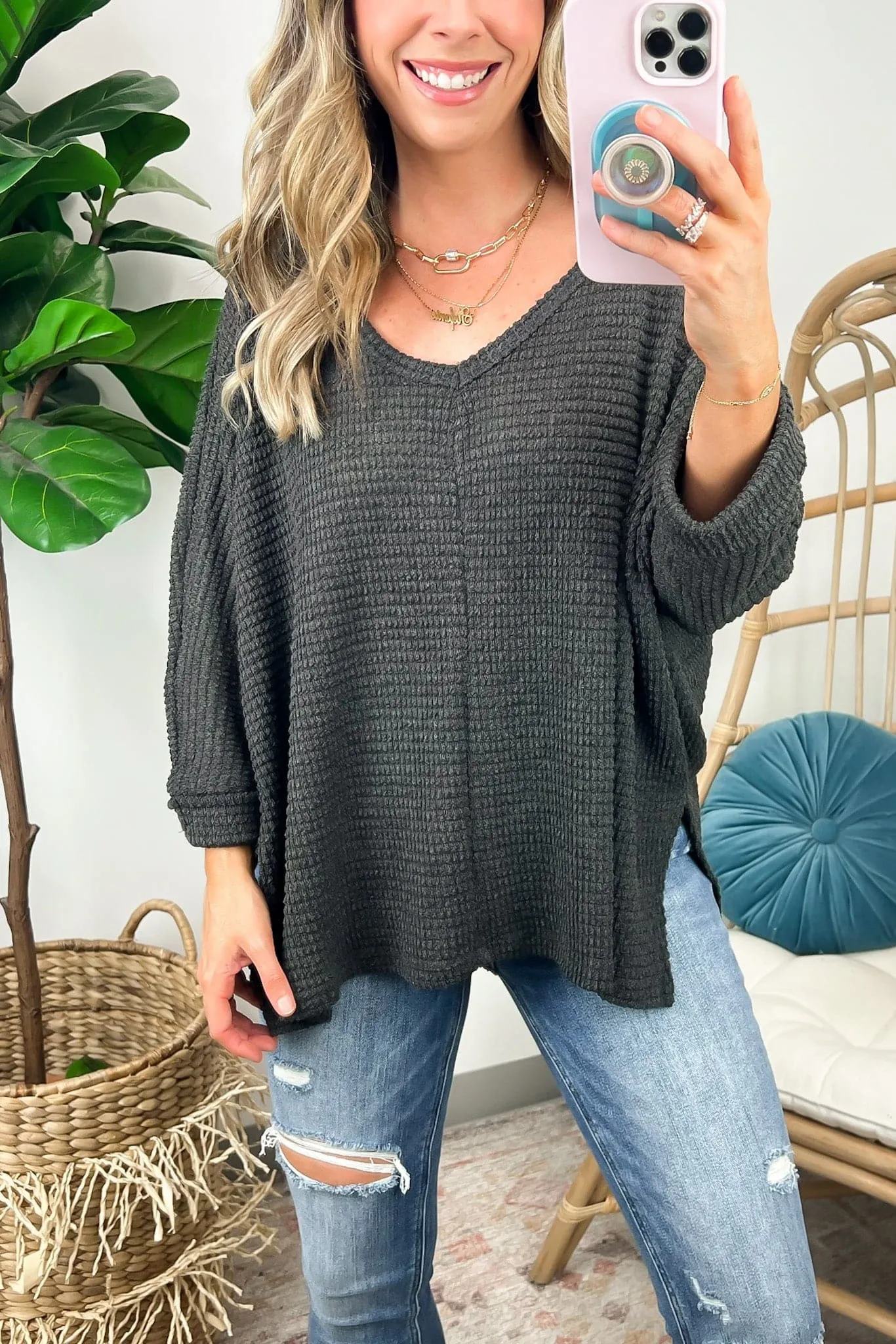 Tetrah V-Neck Waffle Knit Top - BACK IN STOCK