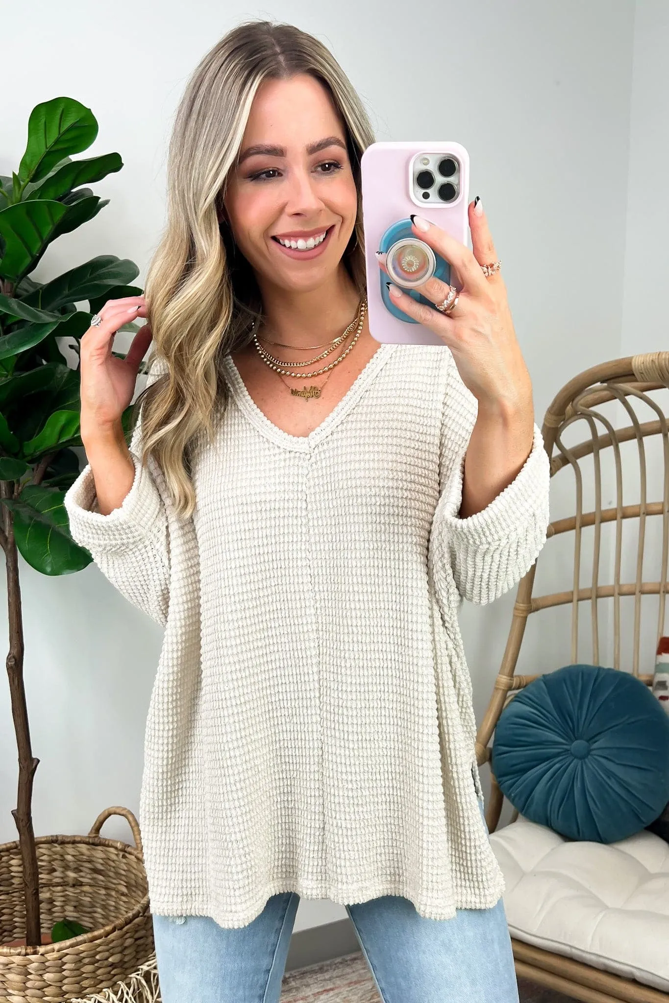 Tetrah V-Neck Waffle Knit Top - BACK IN STOCK