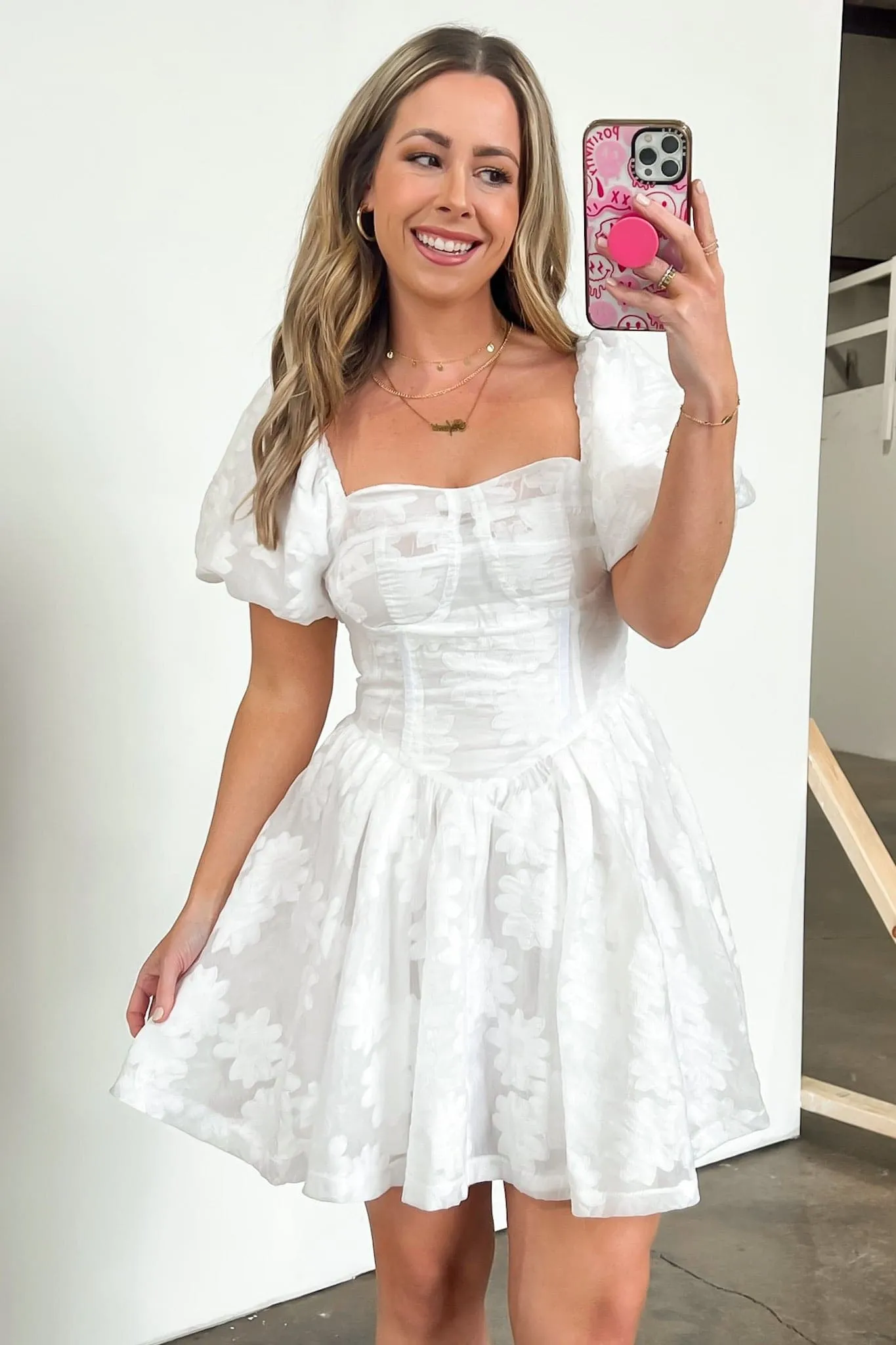 Unexpected Invite Puff Sleeve Jacquard Dress - FINAL SALE
