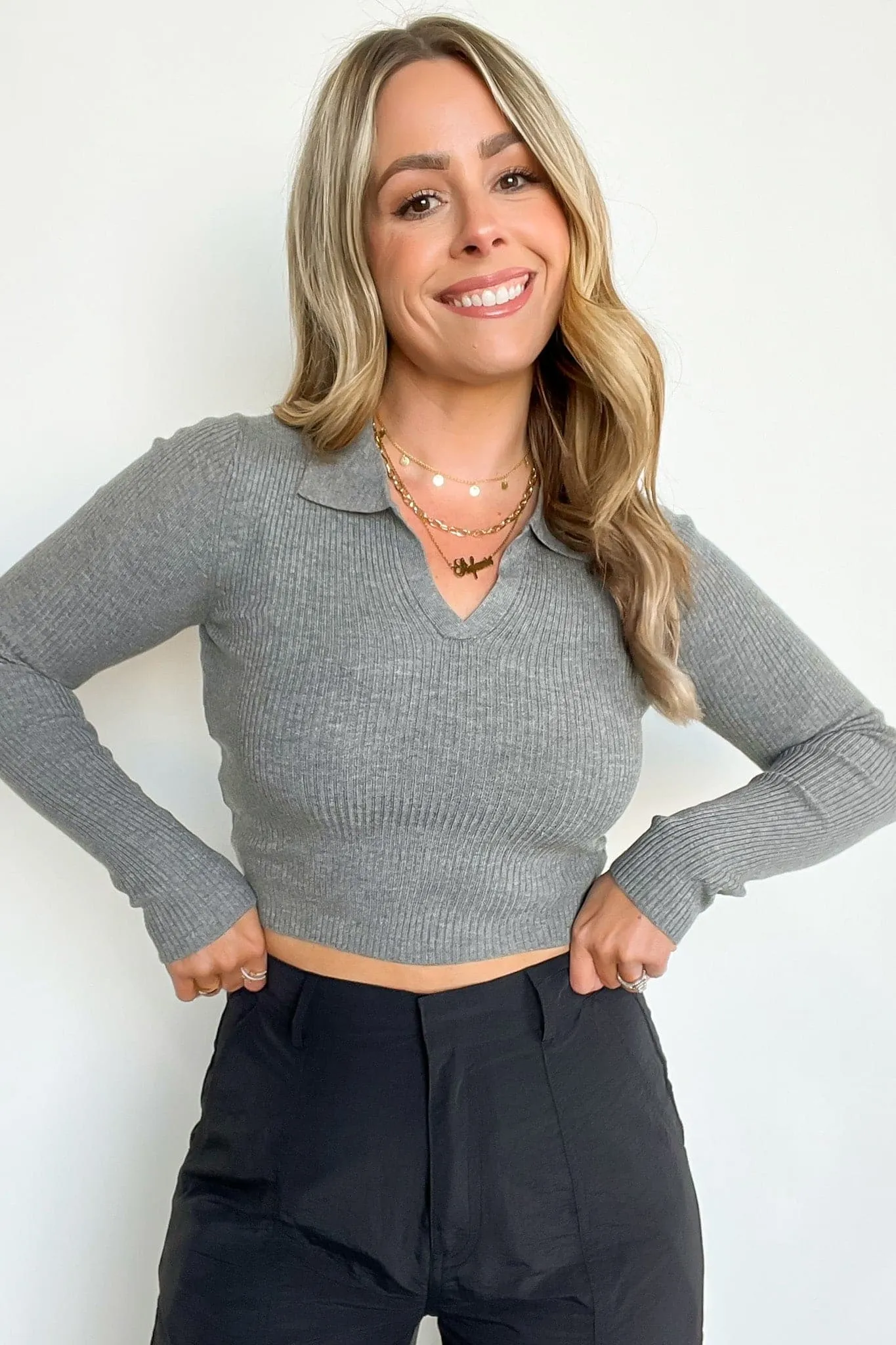 Upfront Style Ribbed Collared Cropped Top - FINAL SALE