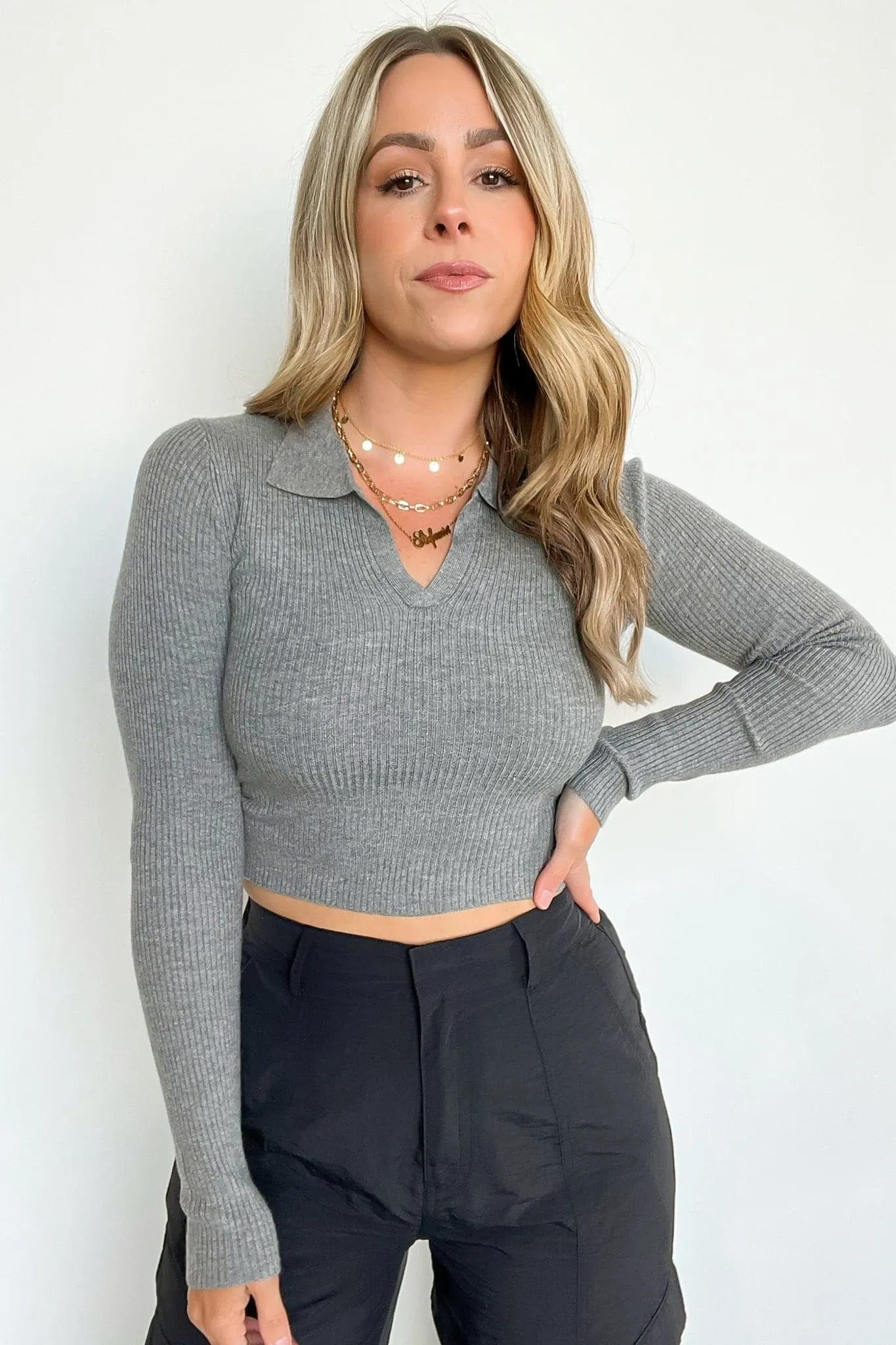 Upfront Style Ribbed Collared Cropped Top - FINAL SALE