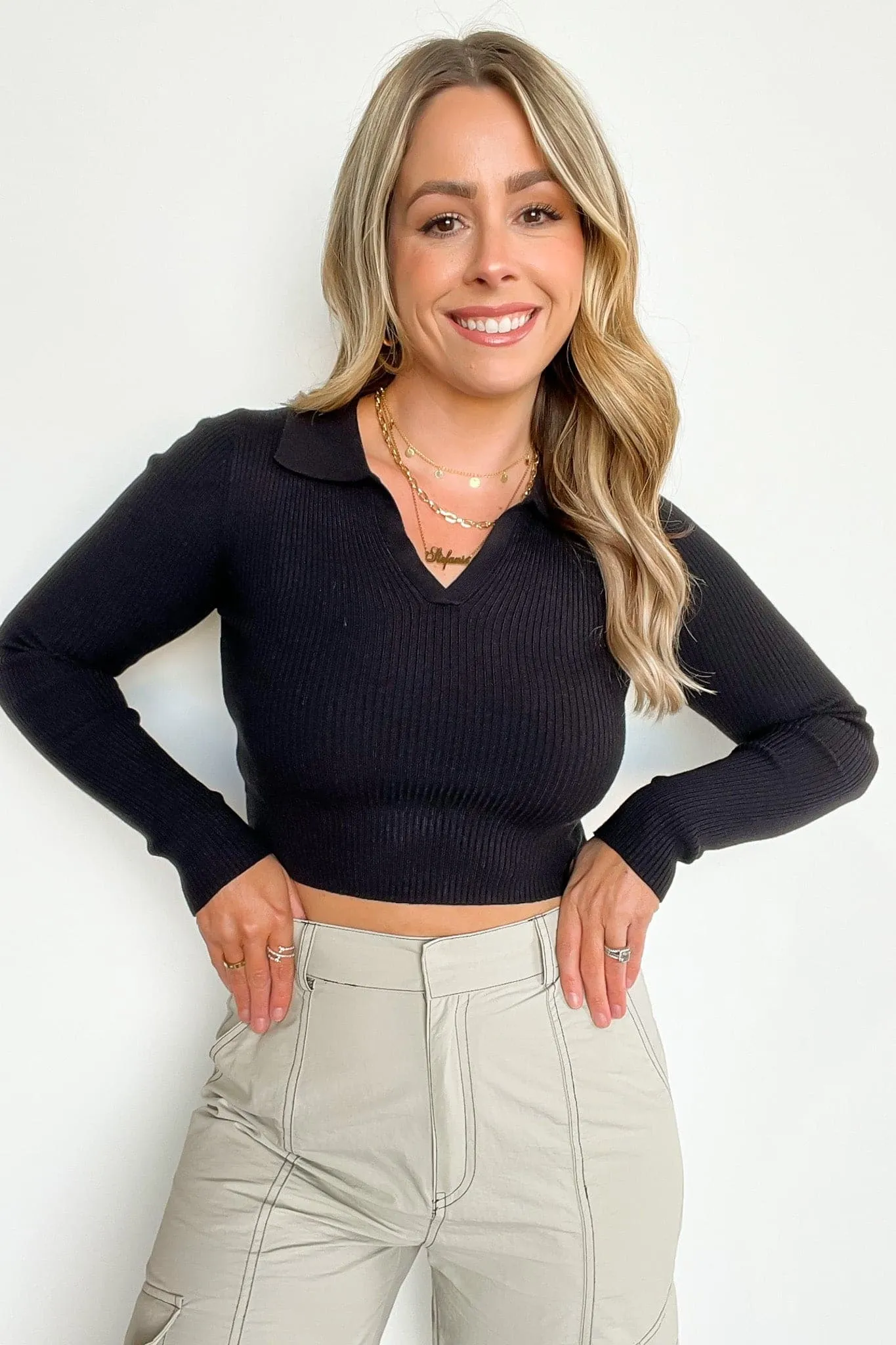 Upfront Style Ribbed Collared Cropped Top - FINAL SALE