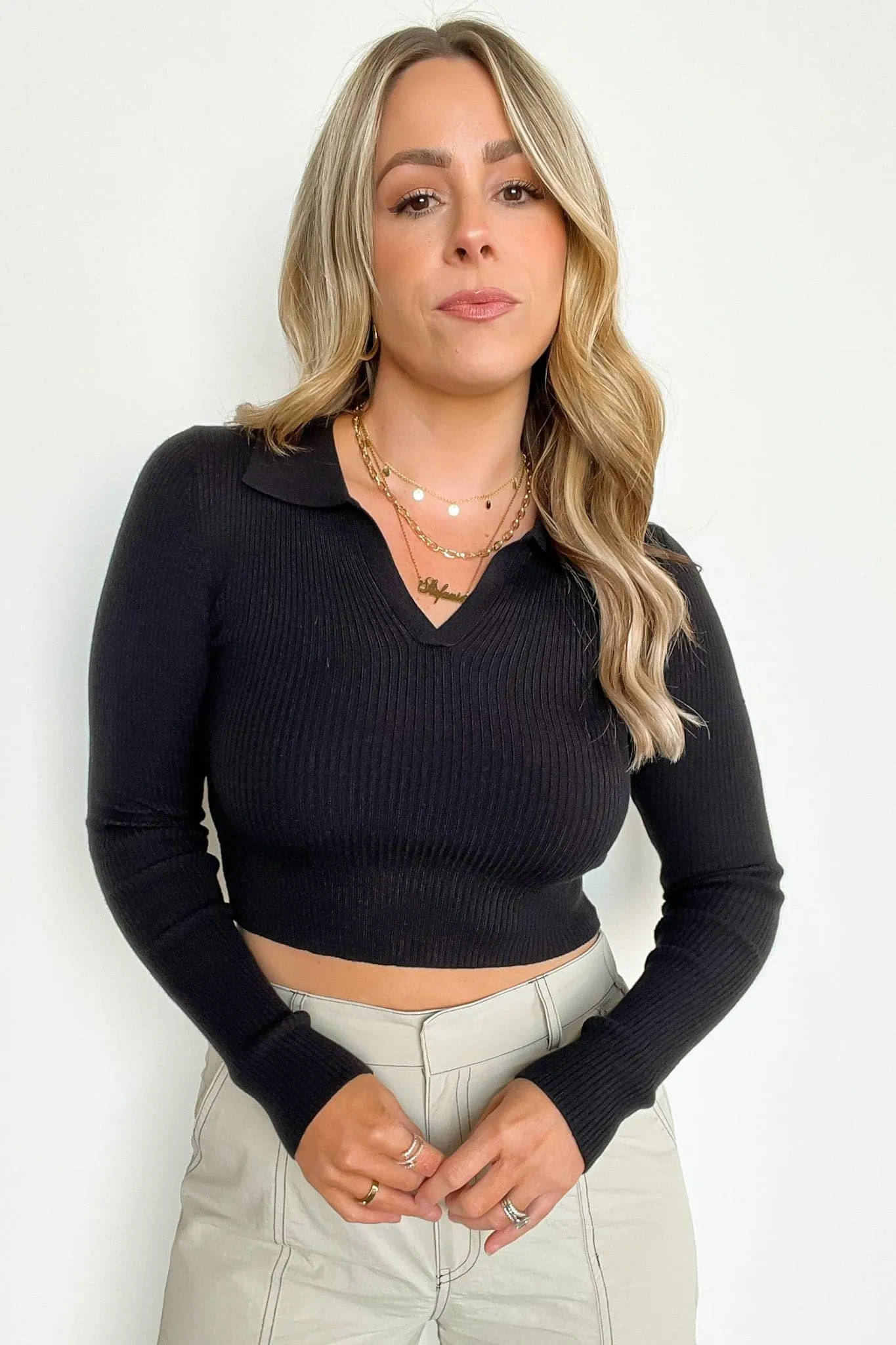 Upfront Style Ribbed Collared Cropped Top - FINAL SALE