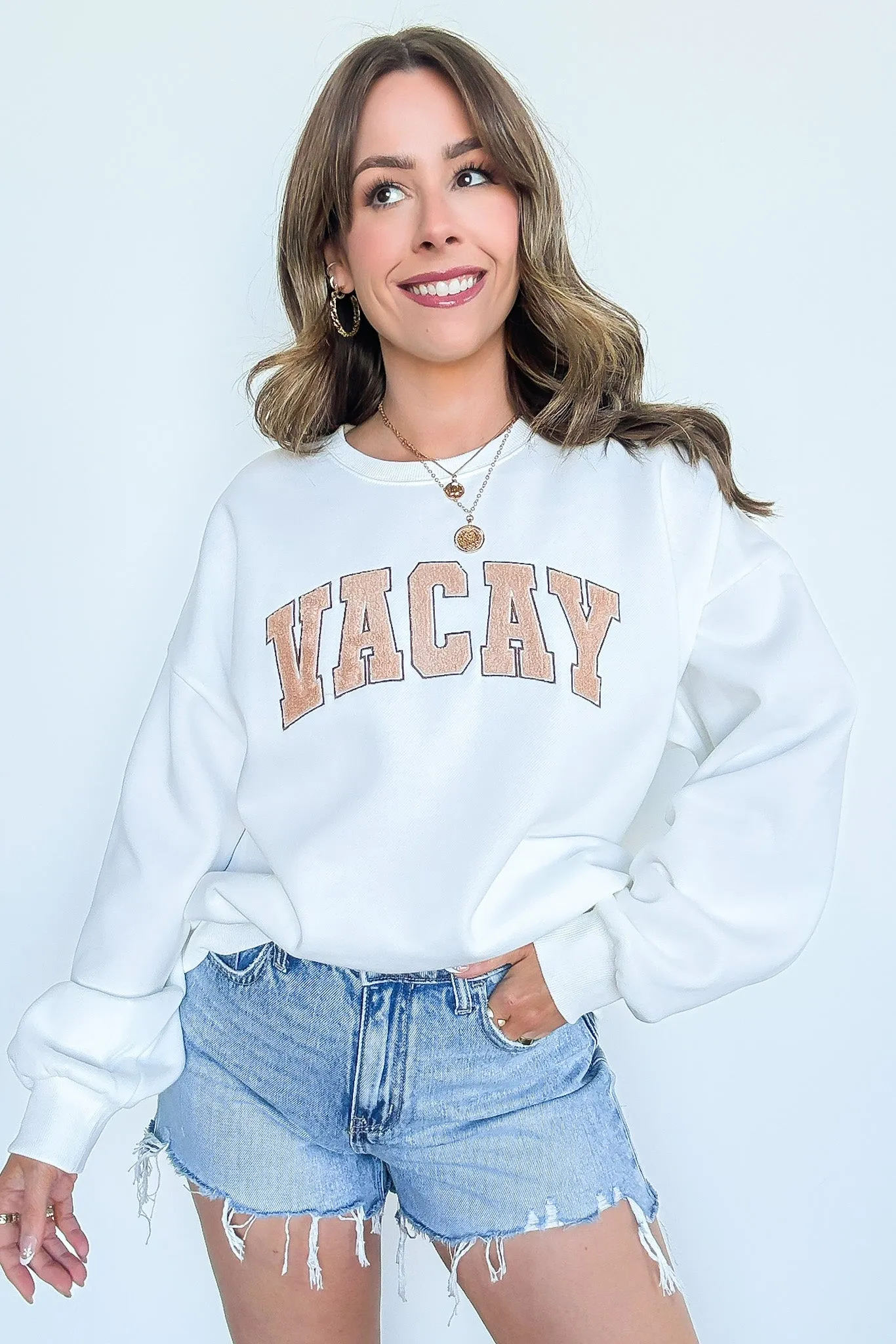 VACAY Graphic Patch Pullover Sweatshirt
