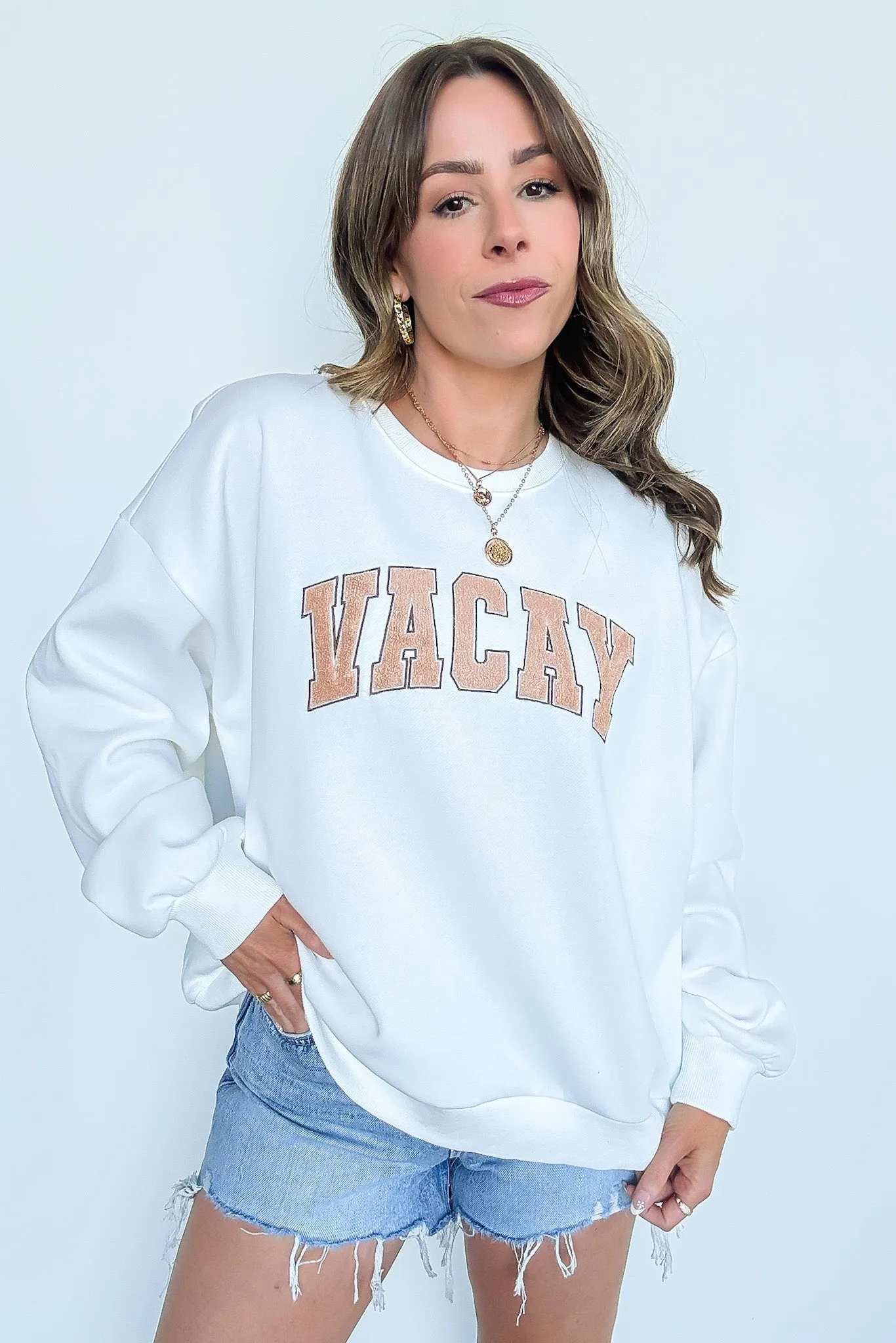 VACAY Graphic Patch Pullover Sweatshirt
