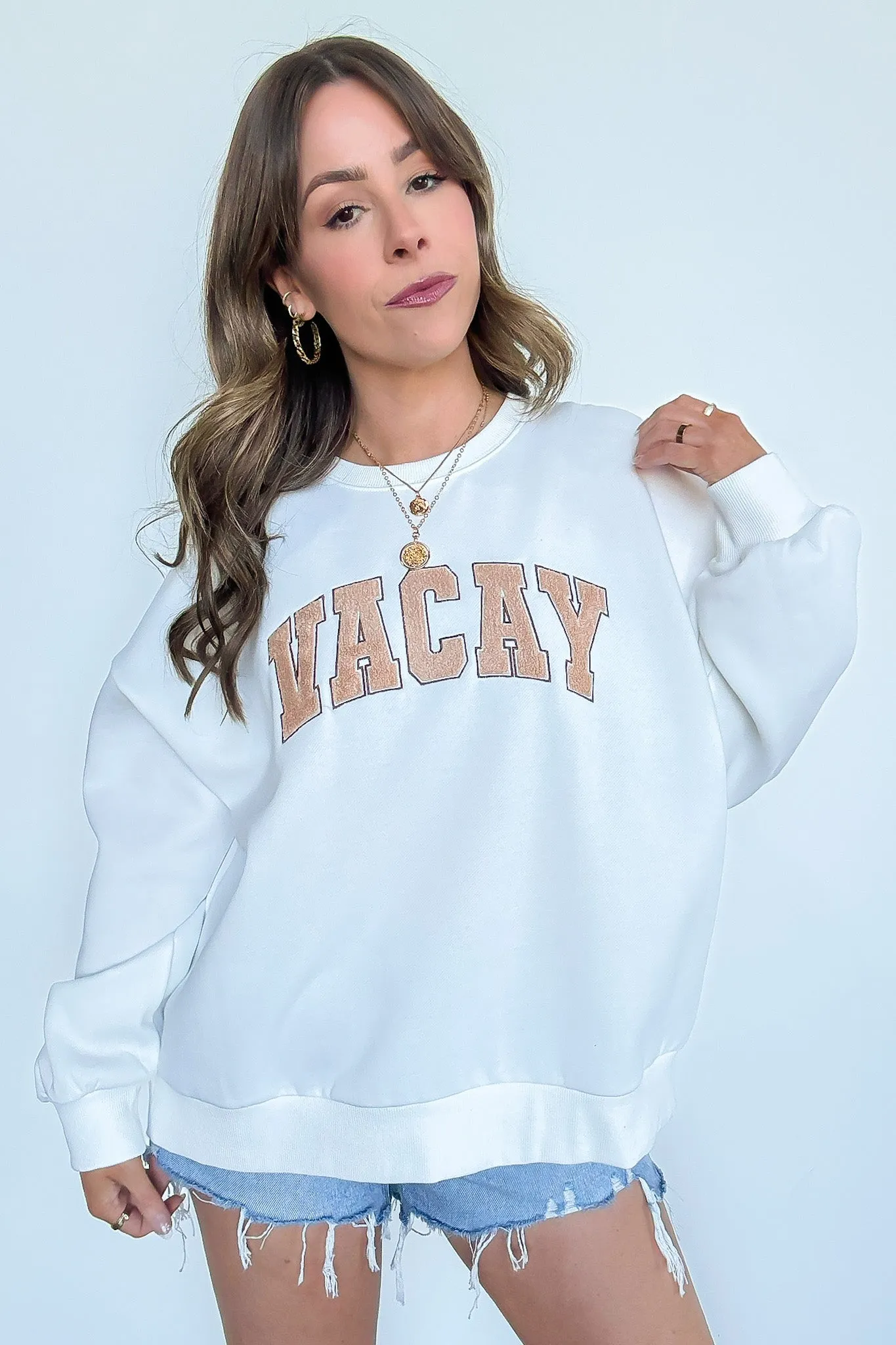 VACAY Graphic Patch Pullover Sweatshirt