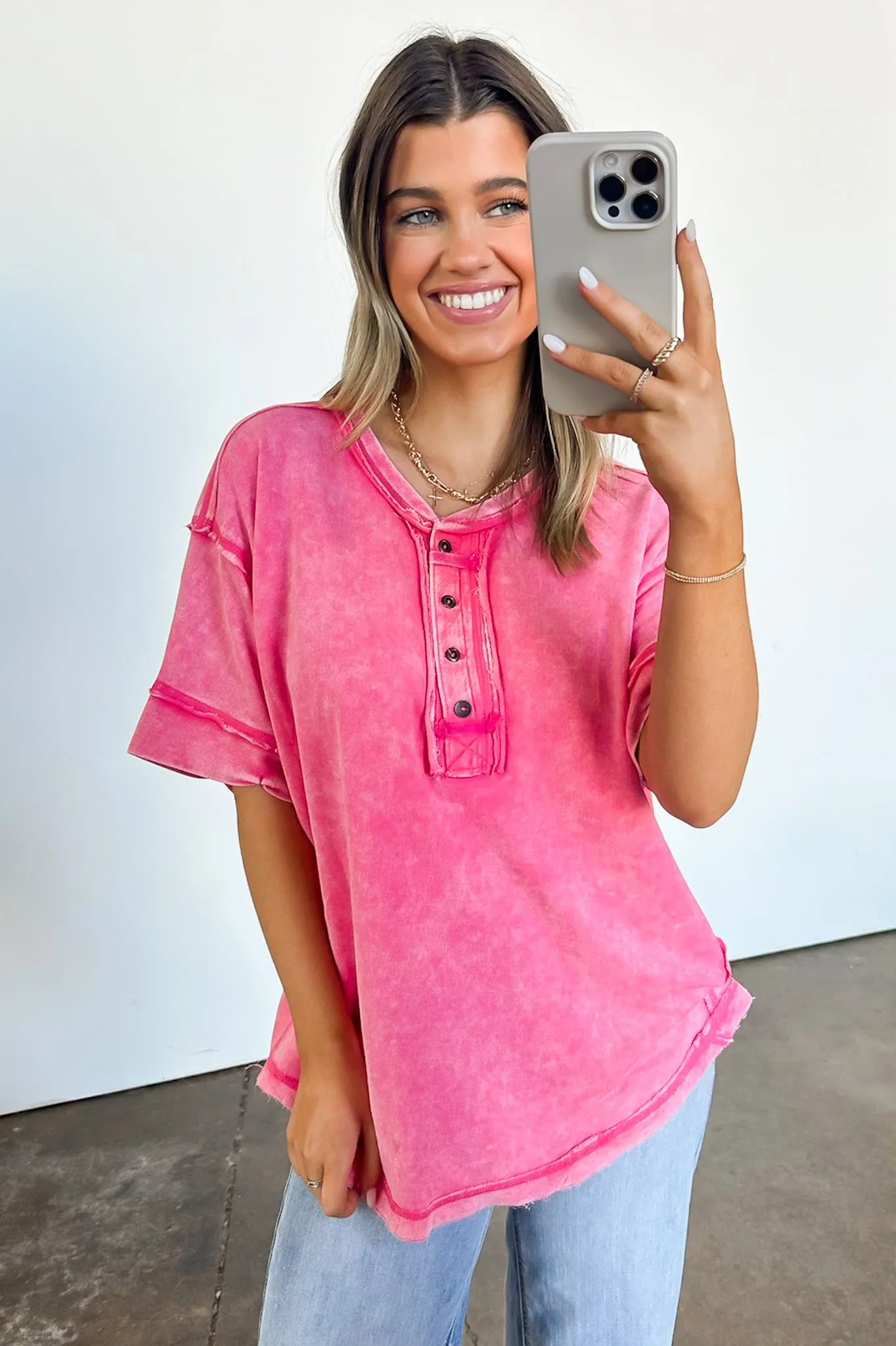 Verity Raw Edge Henley Button Top - BACK IN STOCK