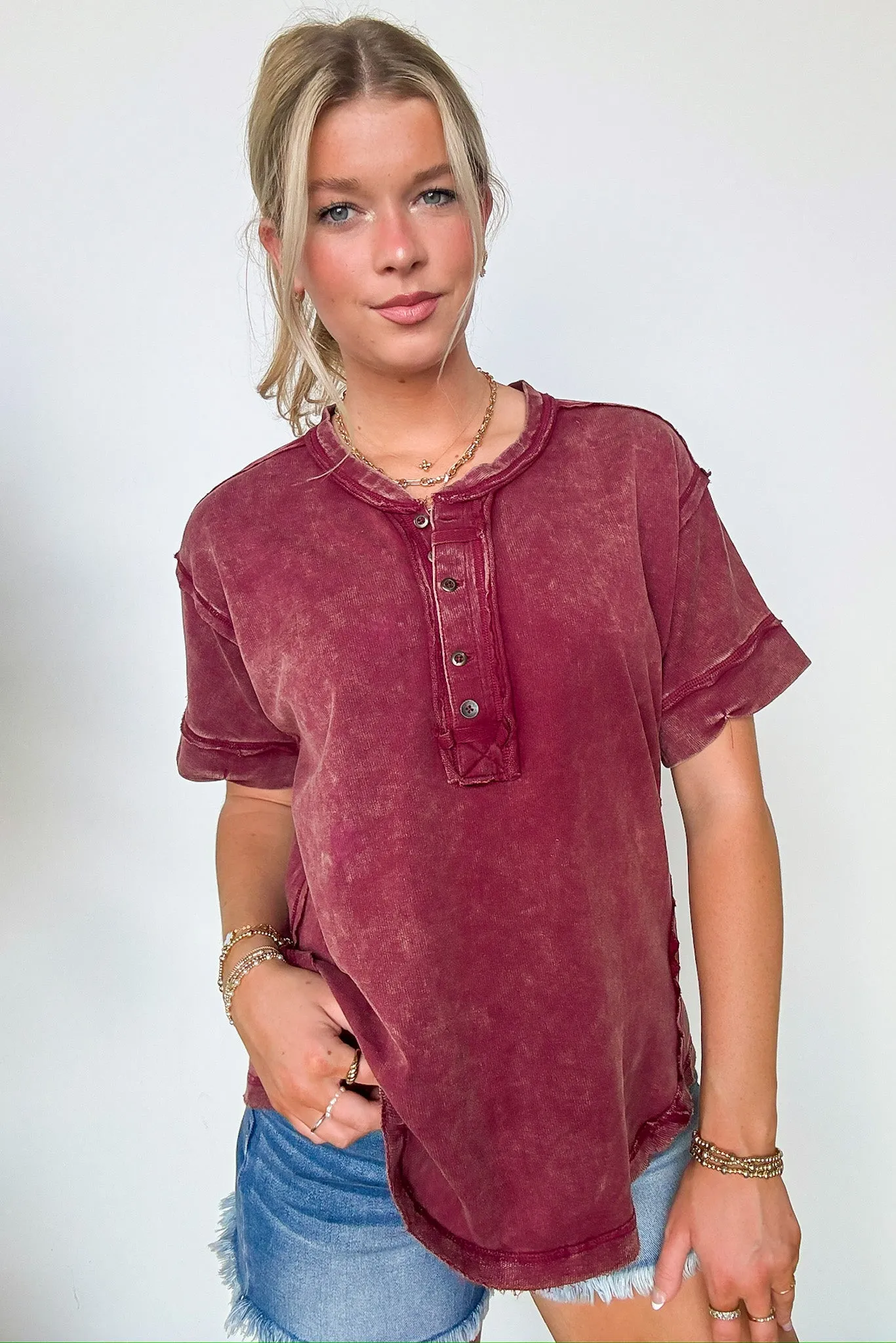 Verity Raw Edge Henley Button Top - BACK IN STOCK