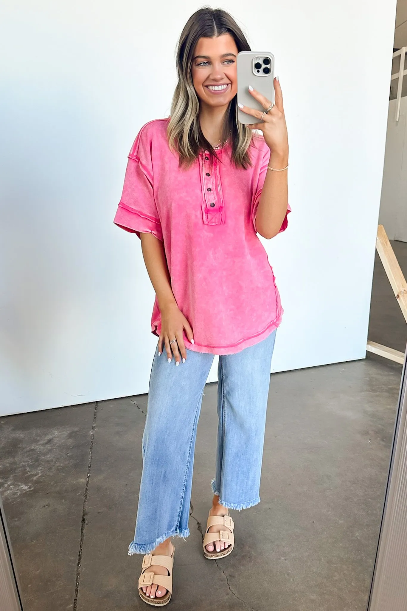 Verity Raw Edge Henley Button Top - BACK IN STOCK