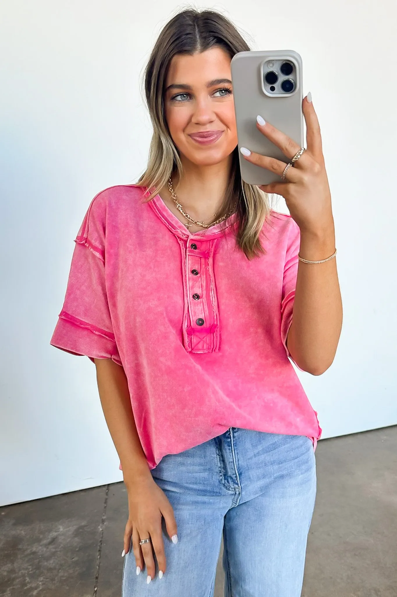 Verity Raw Edge Henley Button Top - BACK IN STOCK