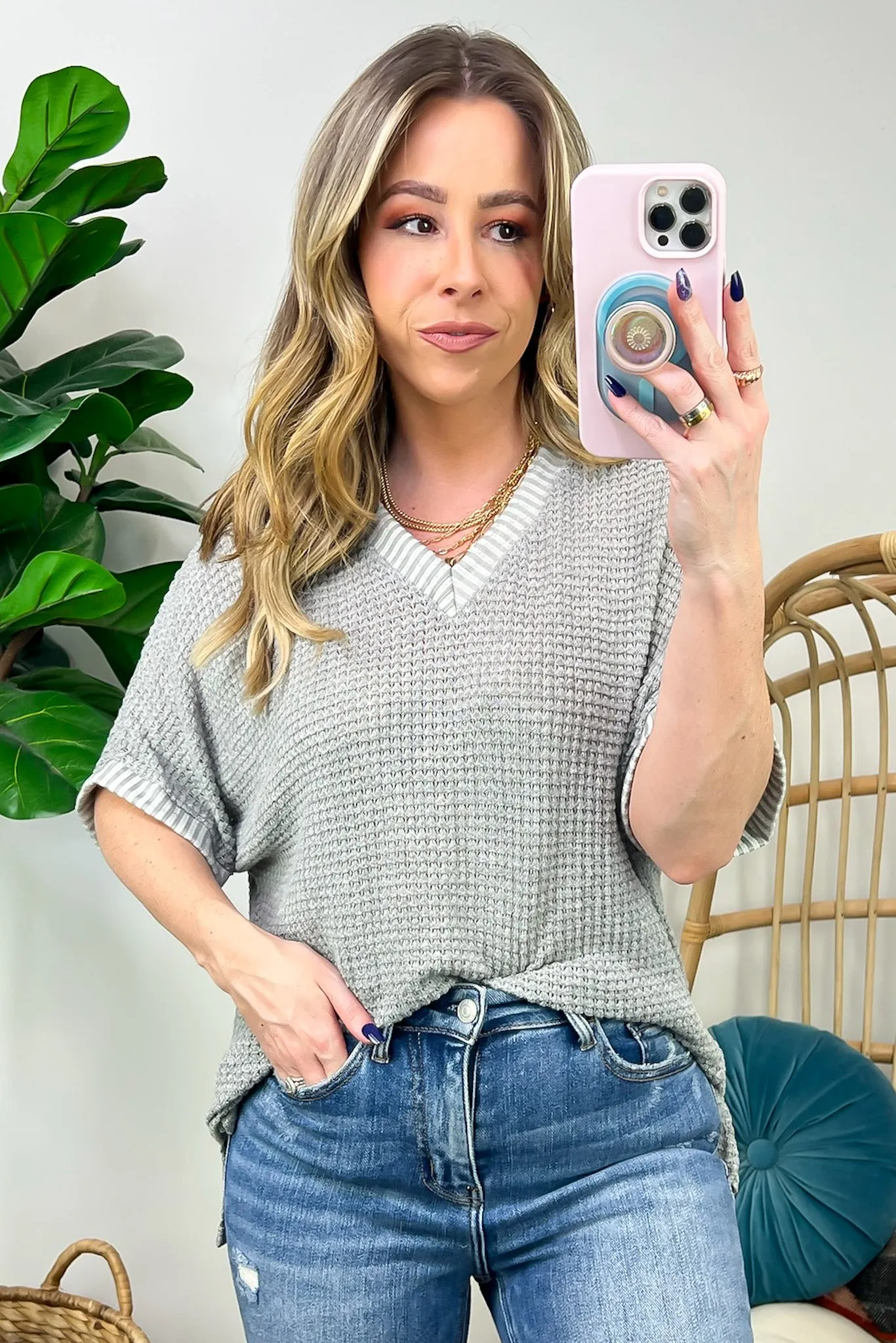 Vinita Oversize V-Neck Waffle Knit Top - FINAL SALE