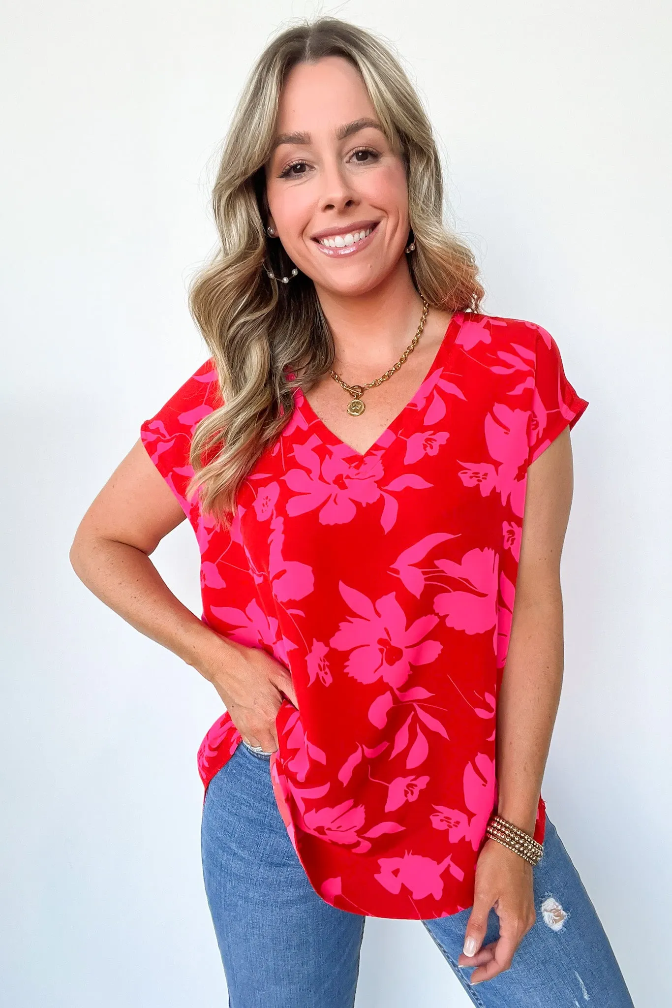 Vivid Beauty V-Neck Floral Cap Sleeve Top - FINAL SALE