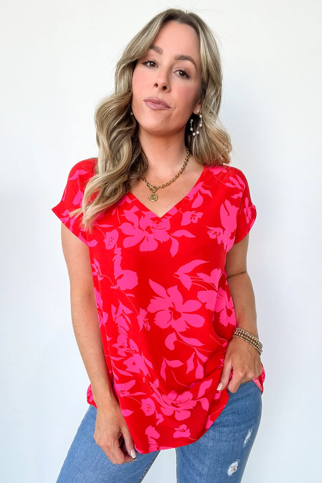 Vivid Beauty V-Neck Floral Cap Sleeve Top - FINAL SALE