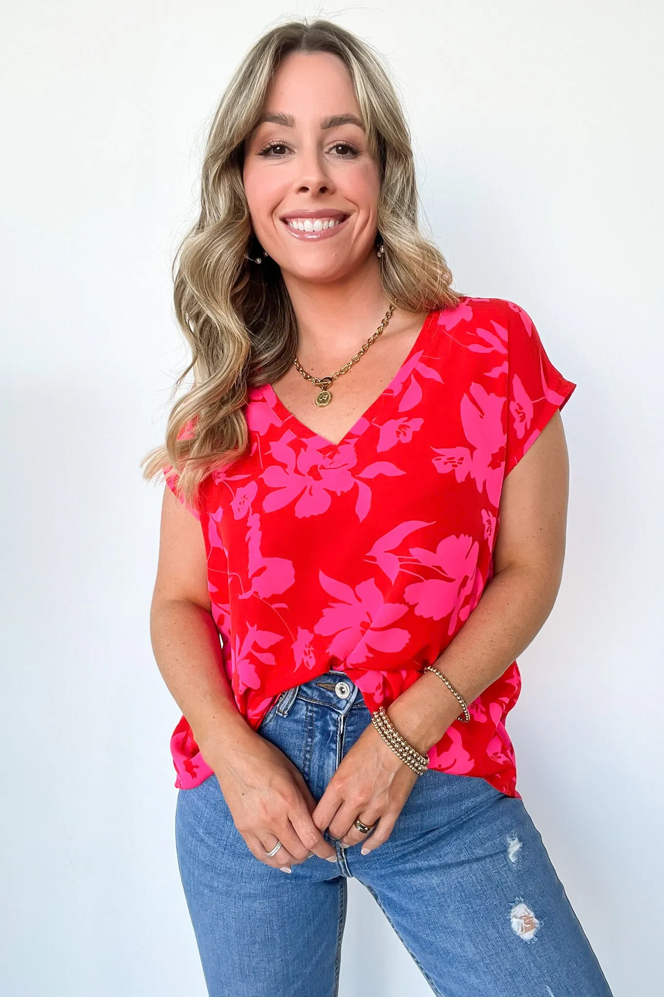 Vivid Beauty V-Neck Floral Cap Sleeve Top - FINAL SALE