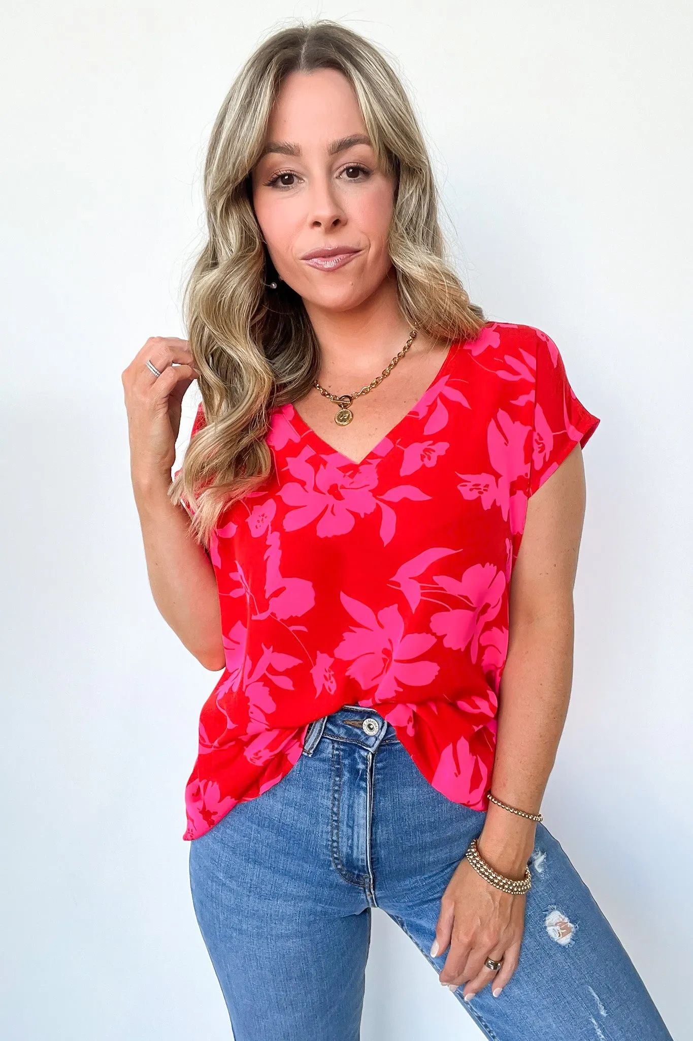 Vivid Beauty V-Neck Floral Cap Sleeve Top - FINAL SALE