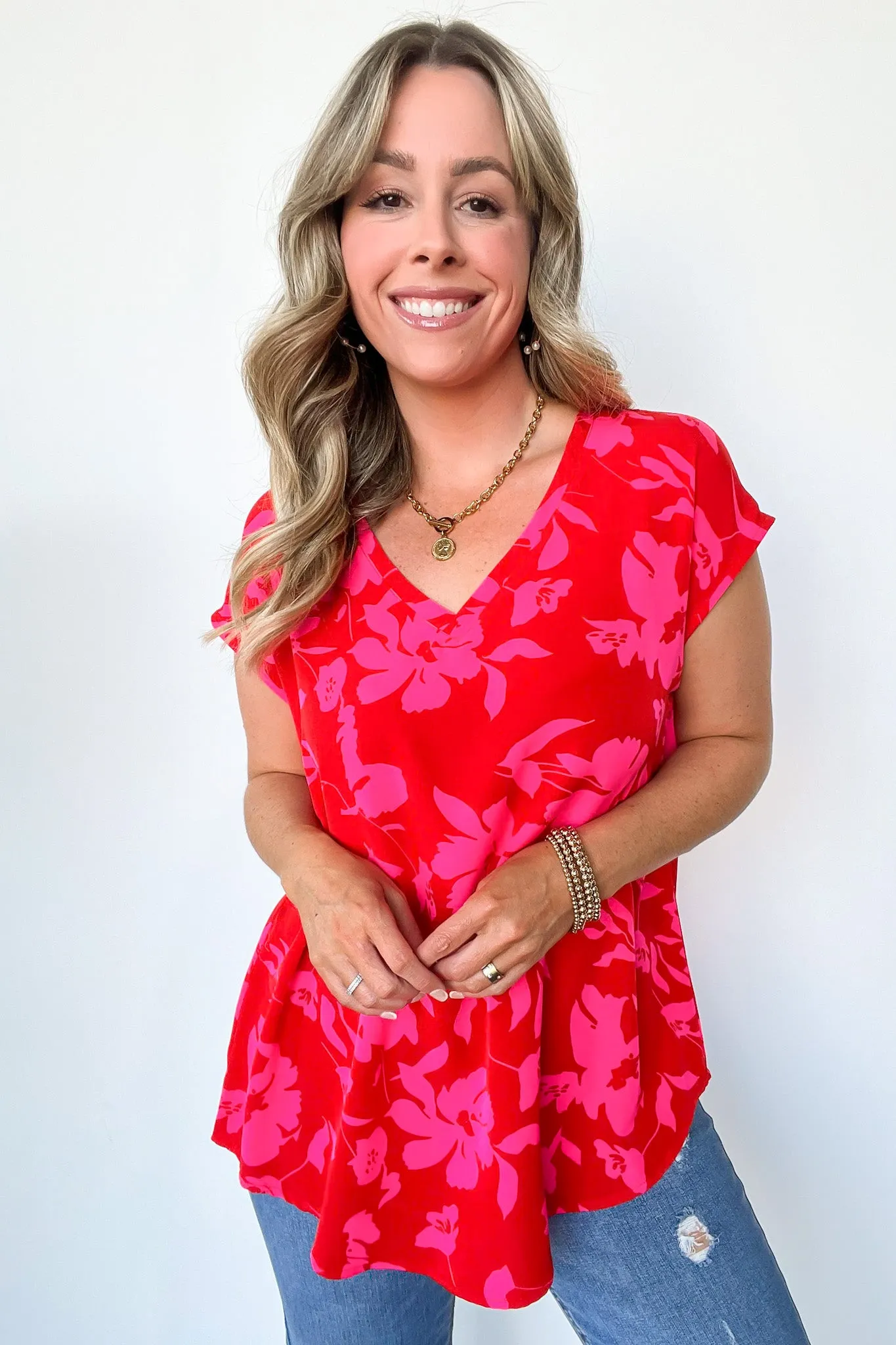 Vivid Beauty V-Neck Floral Cap Sleeve Top - FINAL SALE