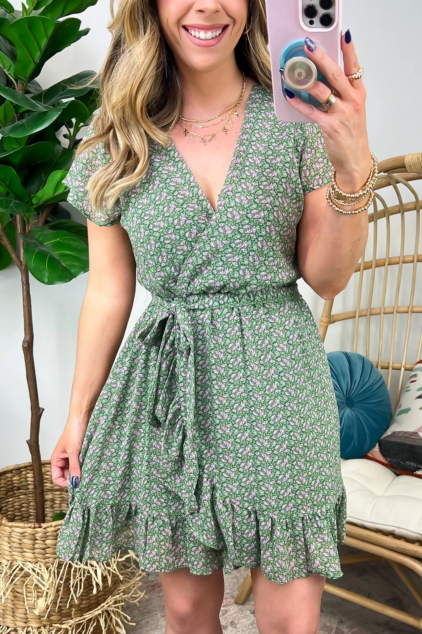 Whimsical Blooms Floral Print Surplice Ruffle Dress - FINAL SALE