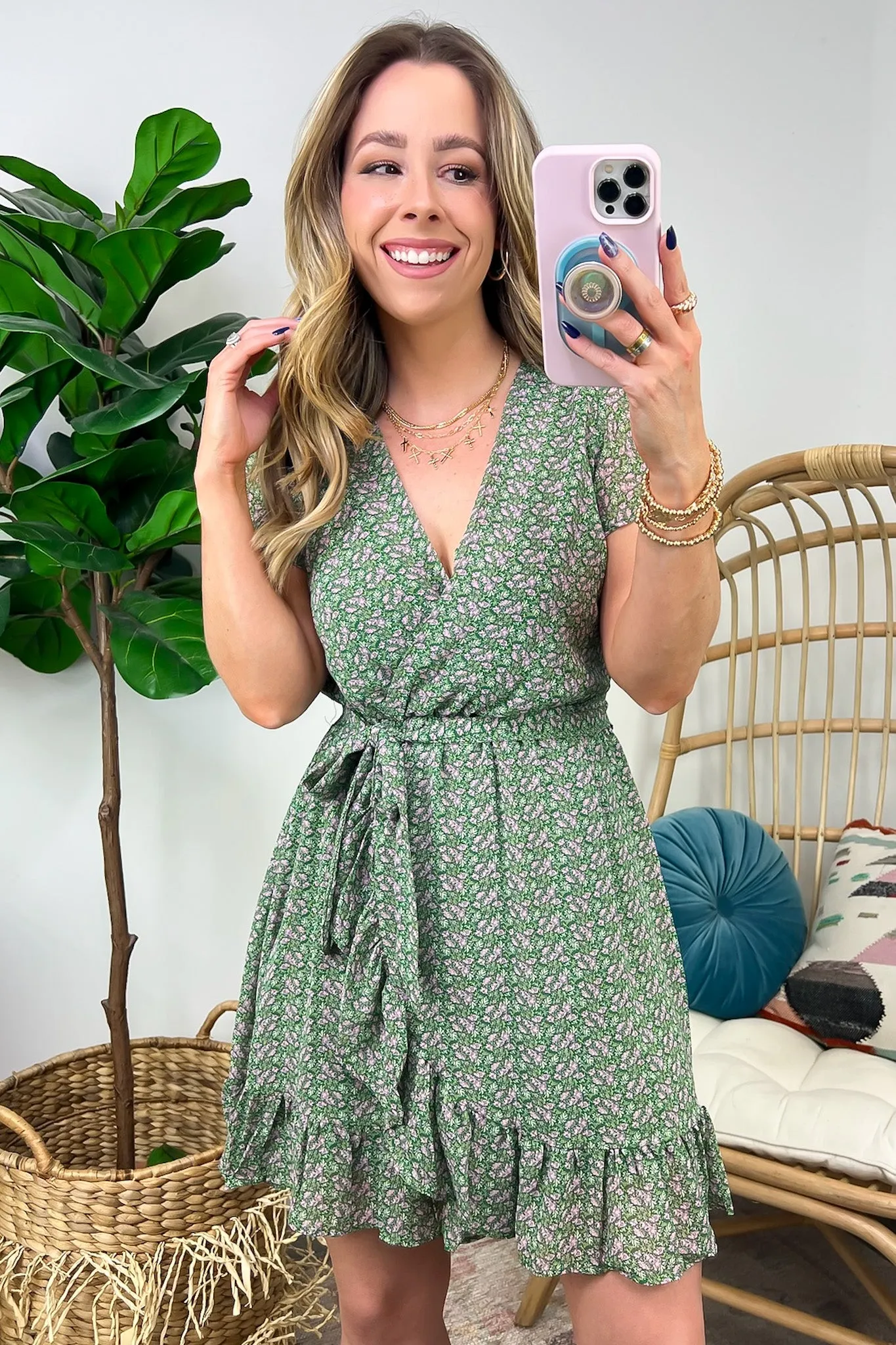 Whimsical Blooms Floral Print Surplice Ruffle Dress - FINAL SALE