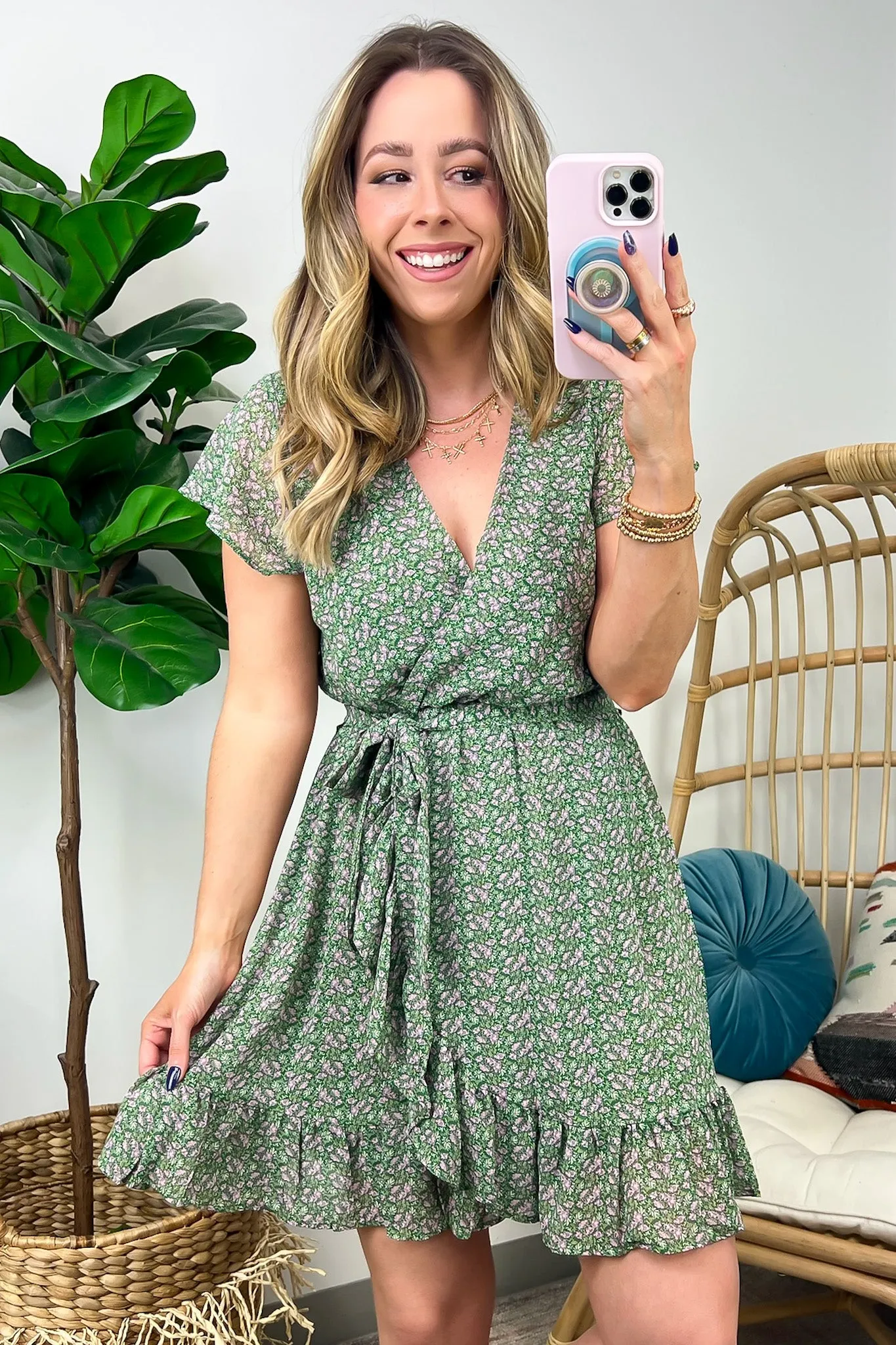 Whimsical Blooms Floral Print Surplice Ruffle Dress - FINAL SALE