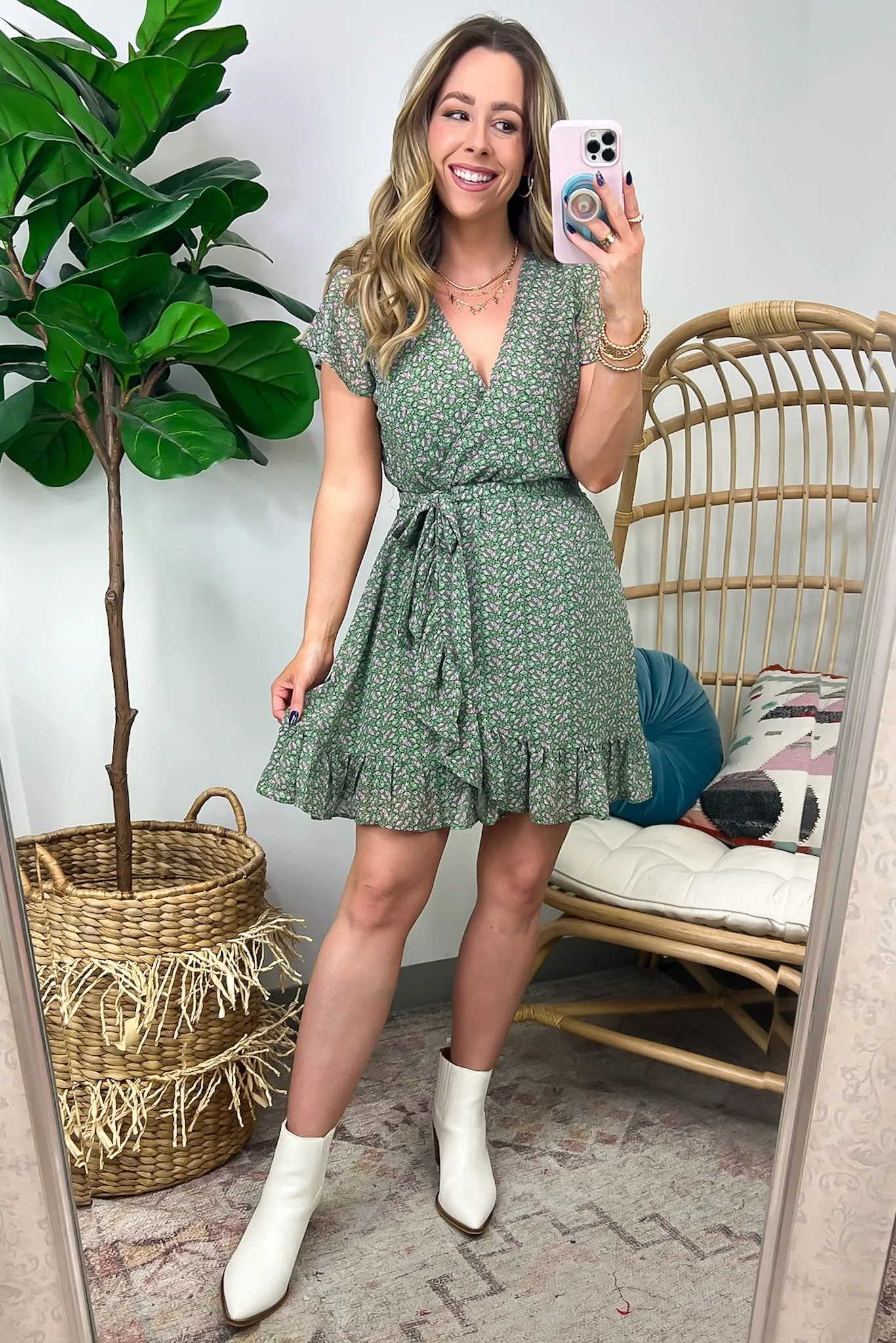 Whimsical Blooms Floral Print Surplice Ruffle Dress - FINAL SALE